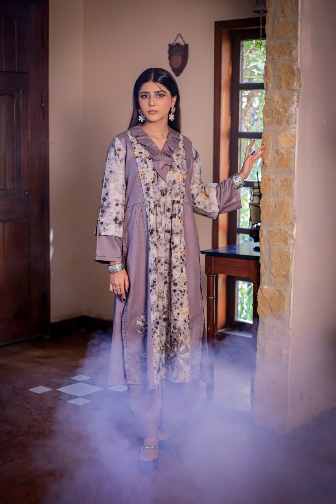 Model in a lavender hand-printed outfit